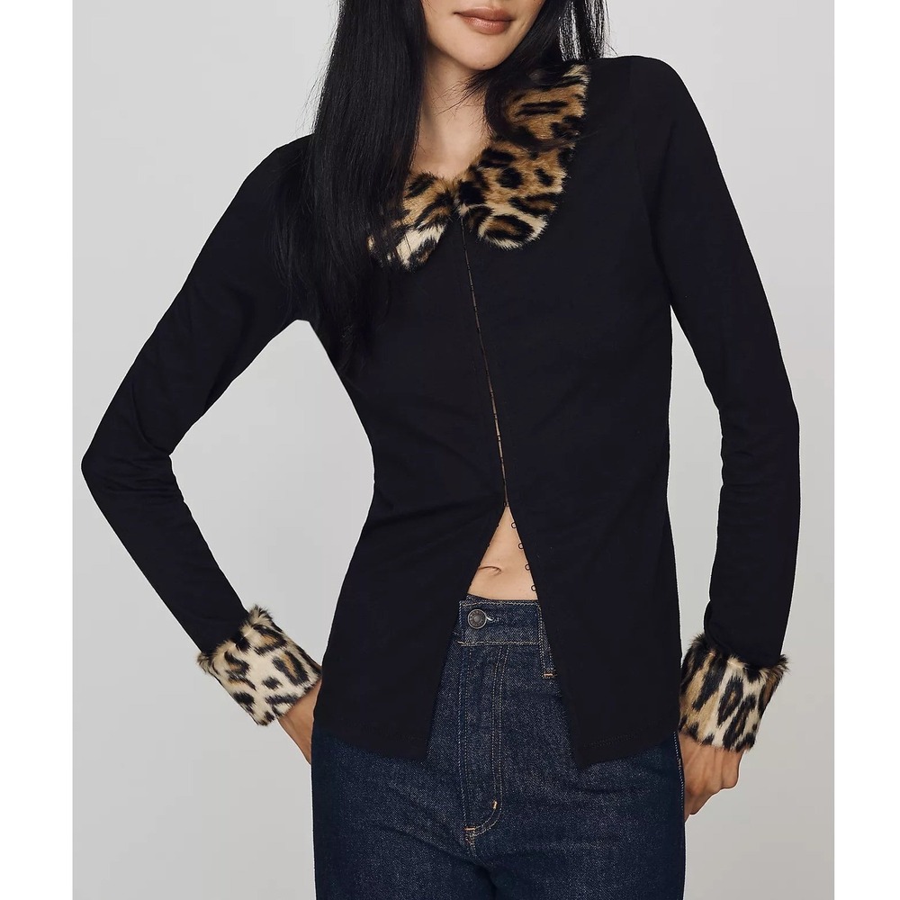 Anna Sui Cotton Leopard Contrast Cardigan Womens Small Black Faux Fur Chic